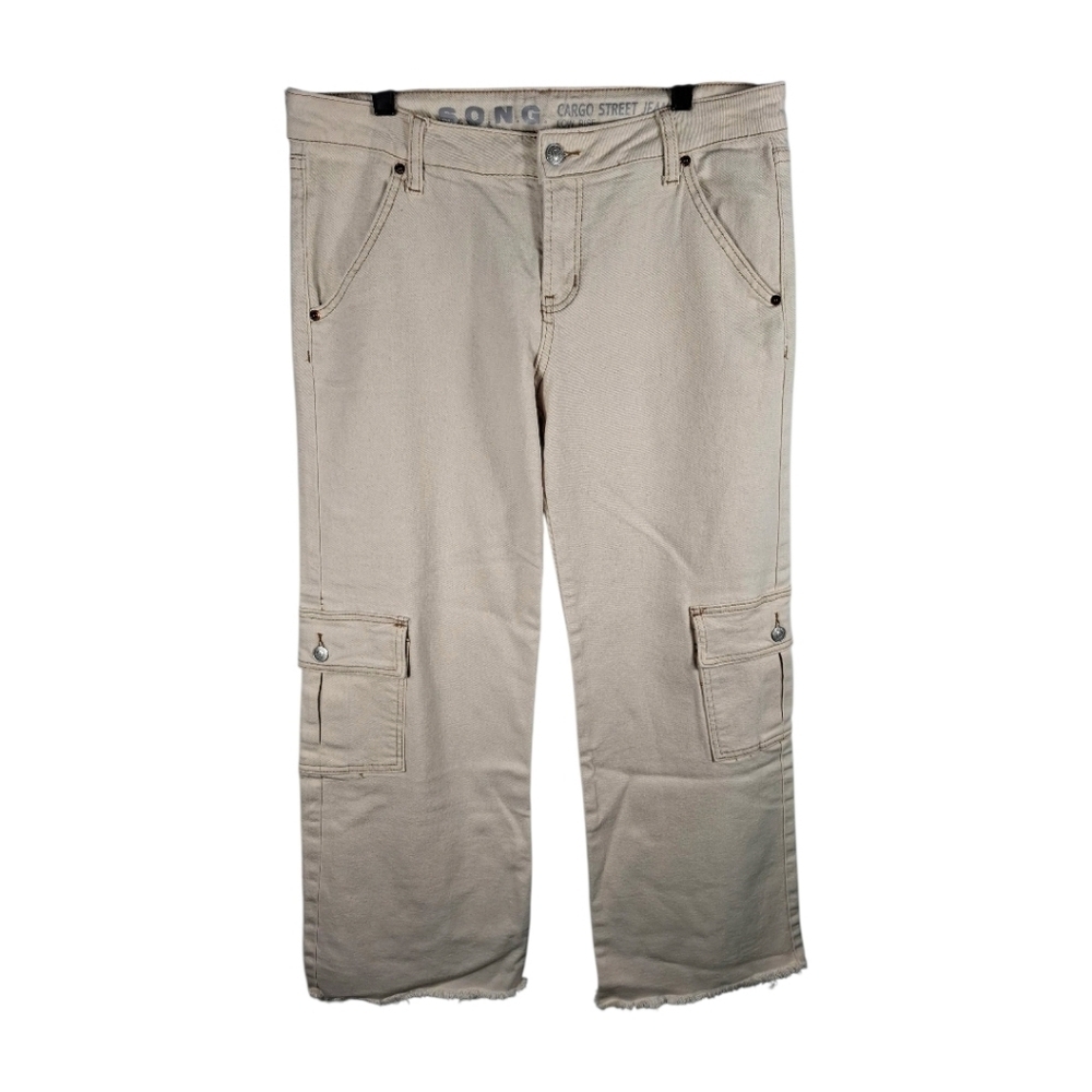 S.O.N.G. Sz 9 Cargo Jeans Pants Contrast Stitching Distressed Hem Y2K Style